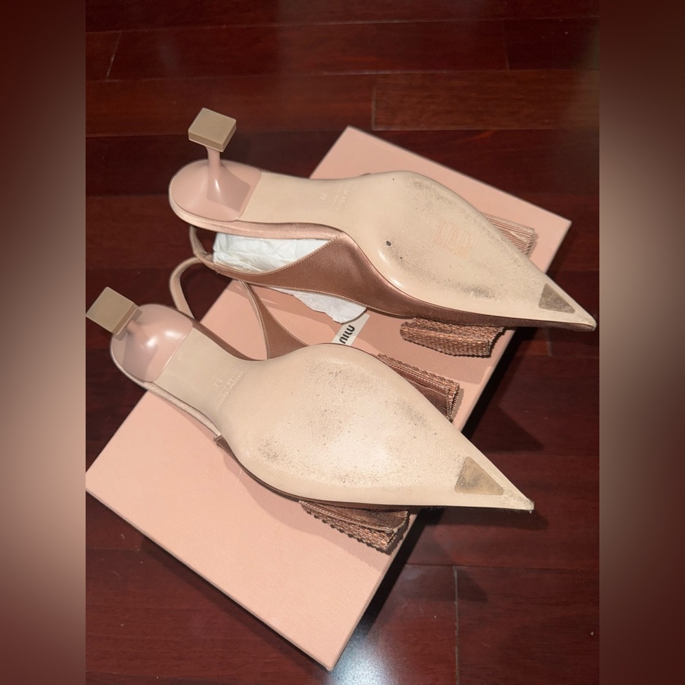 Miu Miu Nude/Rose satin Slingback Heels with Bow - Picture 11 of 12